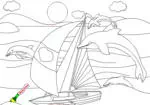 帆船與海豚 著色遊艇